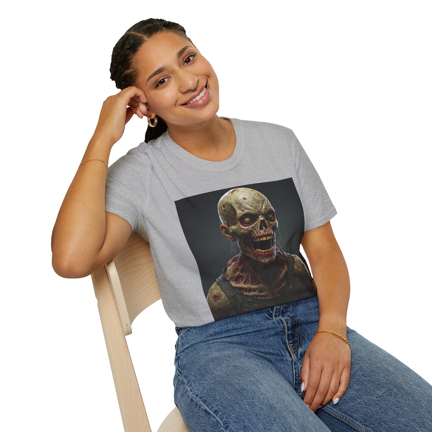 Unisex Softstyle T-Shirt with Creepy Zombie Graphic - Perfect for Halloween and Horror Fans