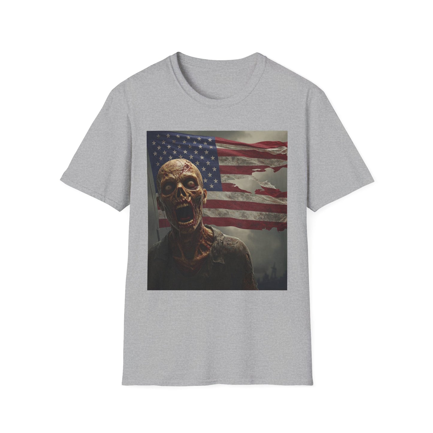 Zombie American Flag Apocalyptic Portrait Tee, bold, decaying zombie graphic