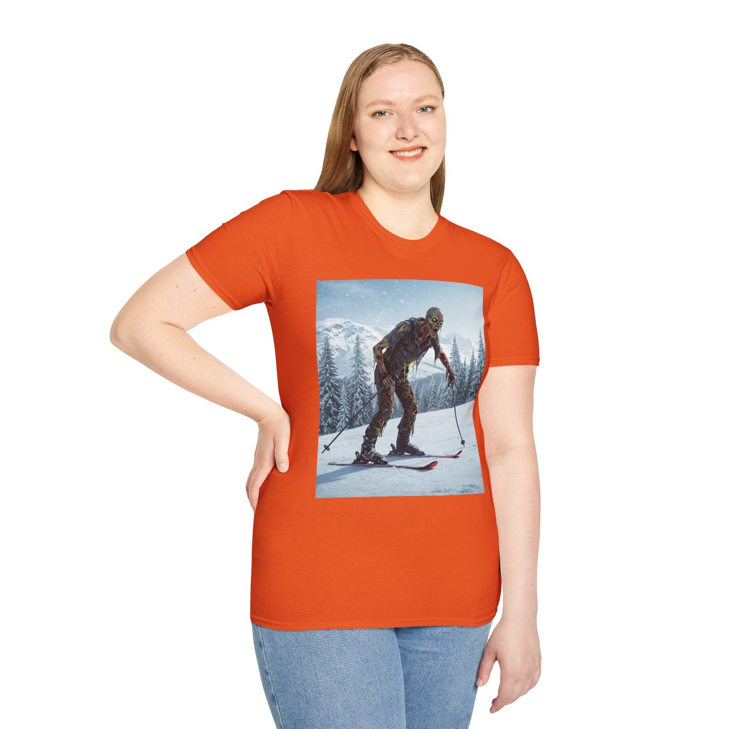 Skiing Zombie Unisex Softstyle T-Shirt - Perfect for Winter Fun & Halloween Enthusiasts