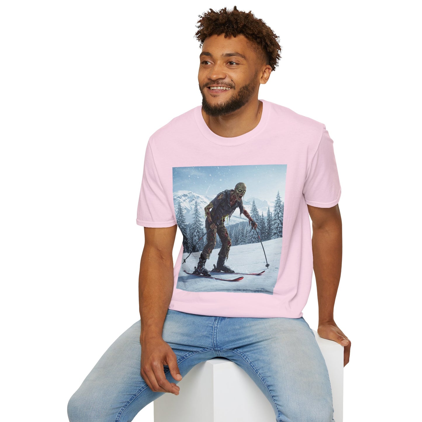 Skiing Zombie Unisex Softstyle T-Shirt - Perfect for Winter Fun & Halloween Enthusiasts