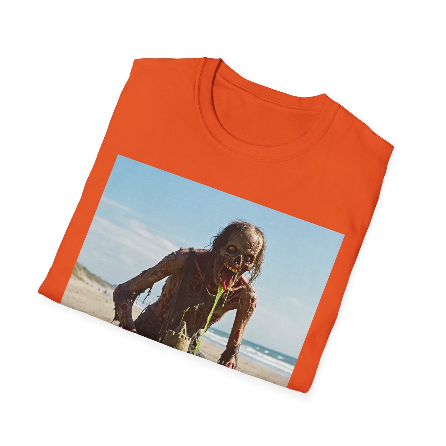 Zombie Sandcastle Unisex Softstyle T-Shirt | Fun Beach Horror Tee