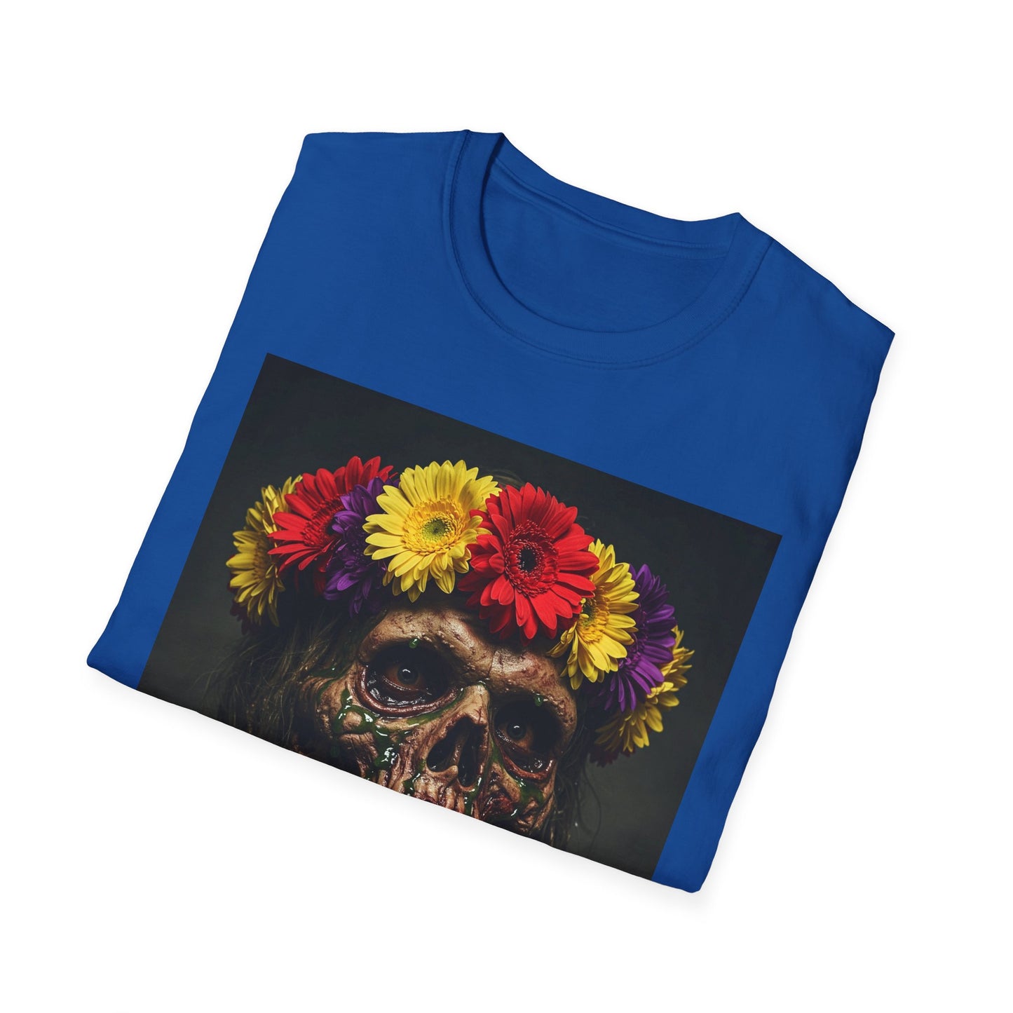 Day of the Dead Floral Skull Apocalyptic Portrait Tee, bold, decaying zombie graphic