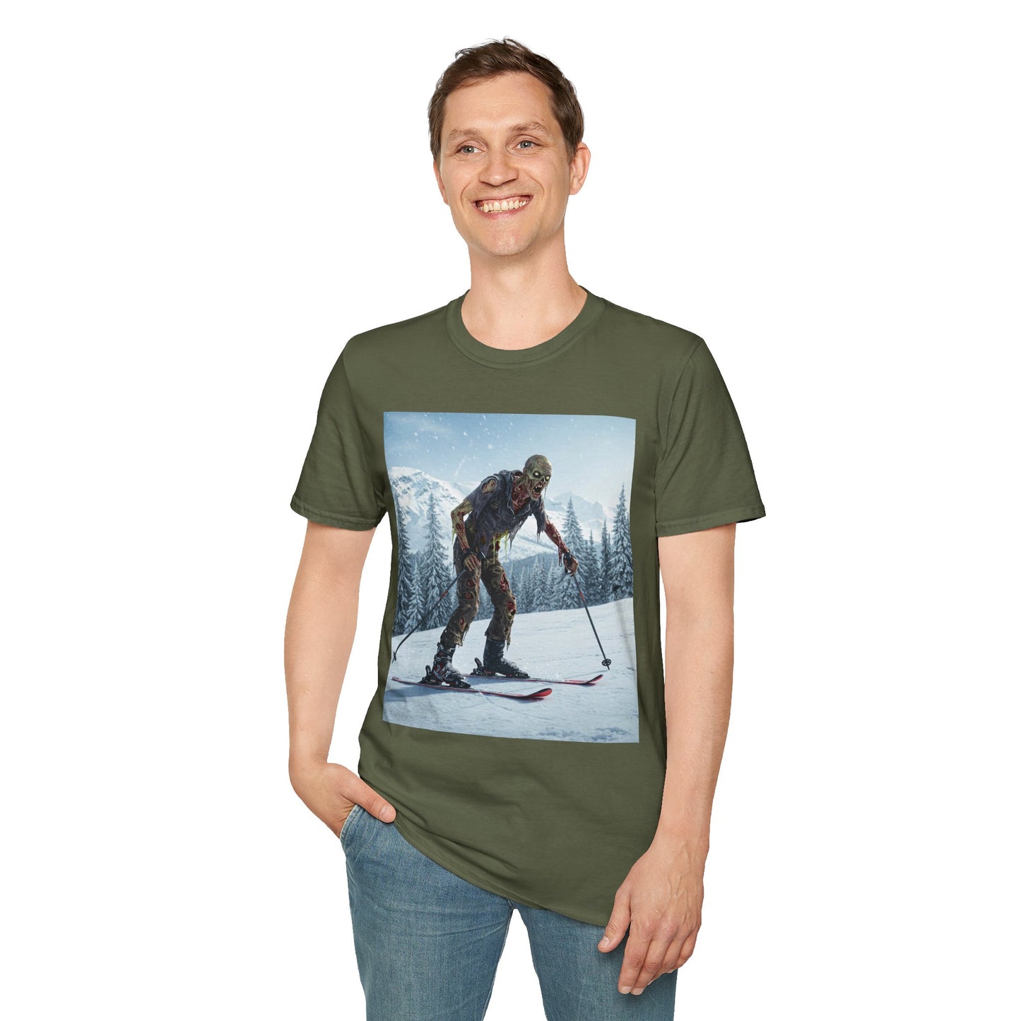 Skiing Zombie Unisex Softstyle T-Shirt - Perfect for Winter Fun & Halloween Enthusiasts