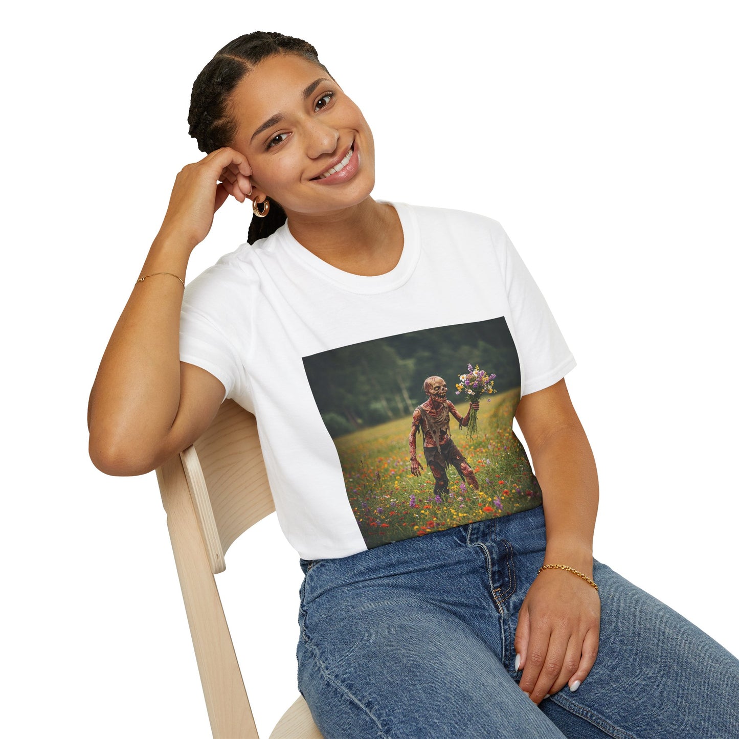 Zombie in Bloom Unisex Softstyle T-Shirt – Perfect for Halloween and Unique Gift Ideas