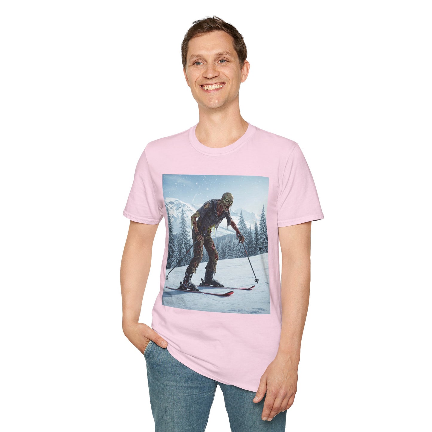 Skiing Zombie Unisex Softstyle T-Shirt - Perfect for Winter Fun & Halloween Enthusiasts