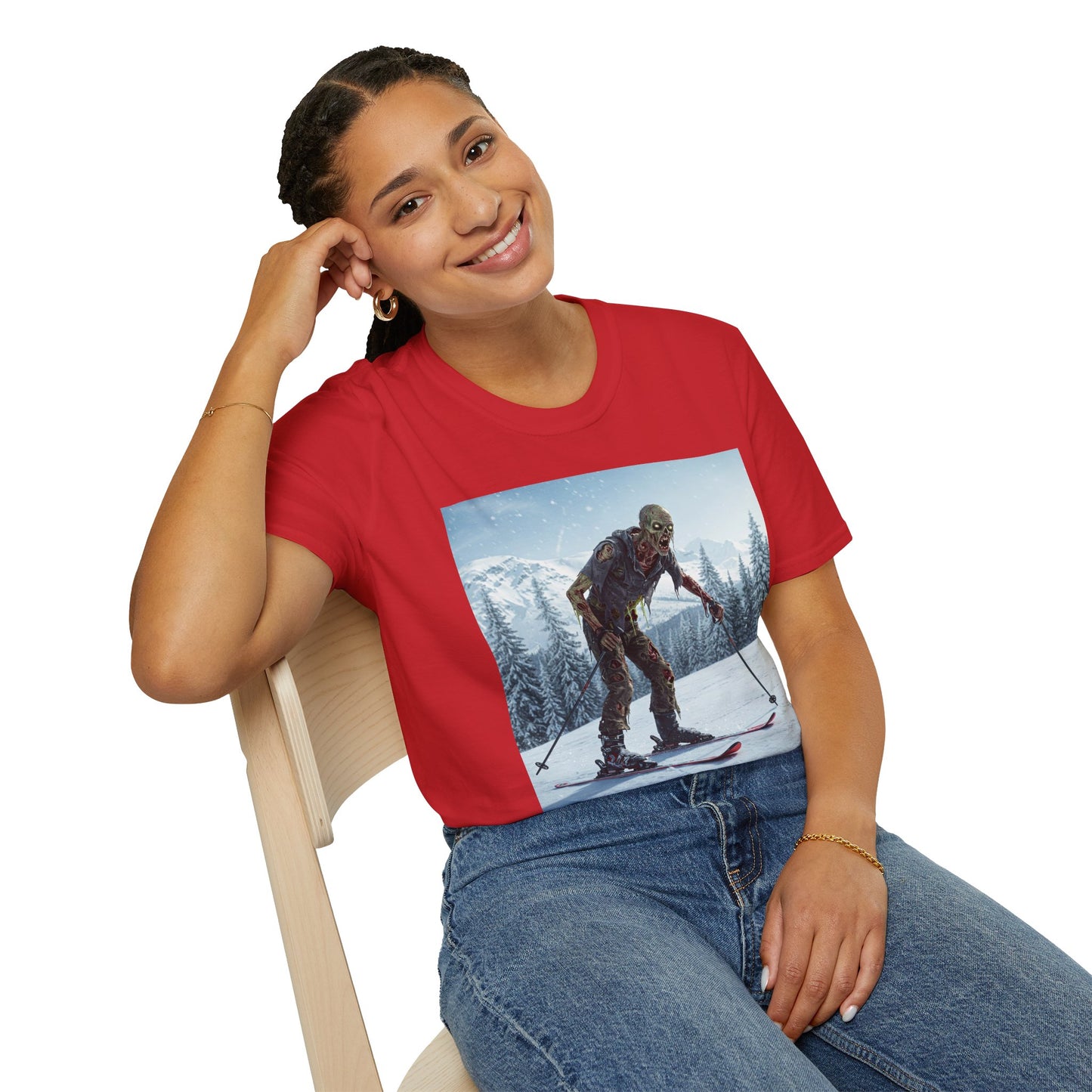 Skiing Zombie Unisex Softstyle T-Shirt - Perfect for Winter Fun & Halloween Enthusiasts