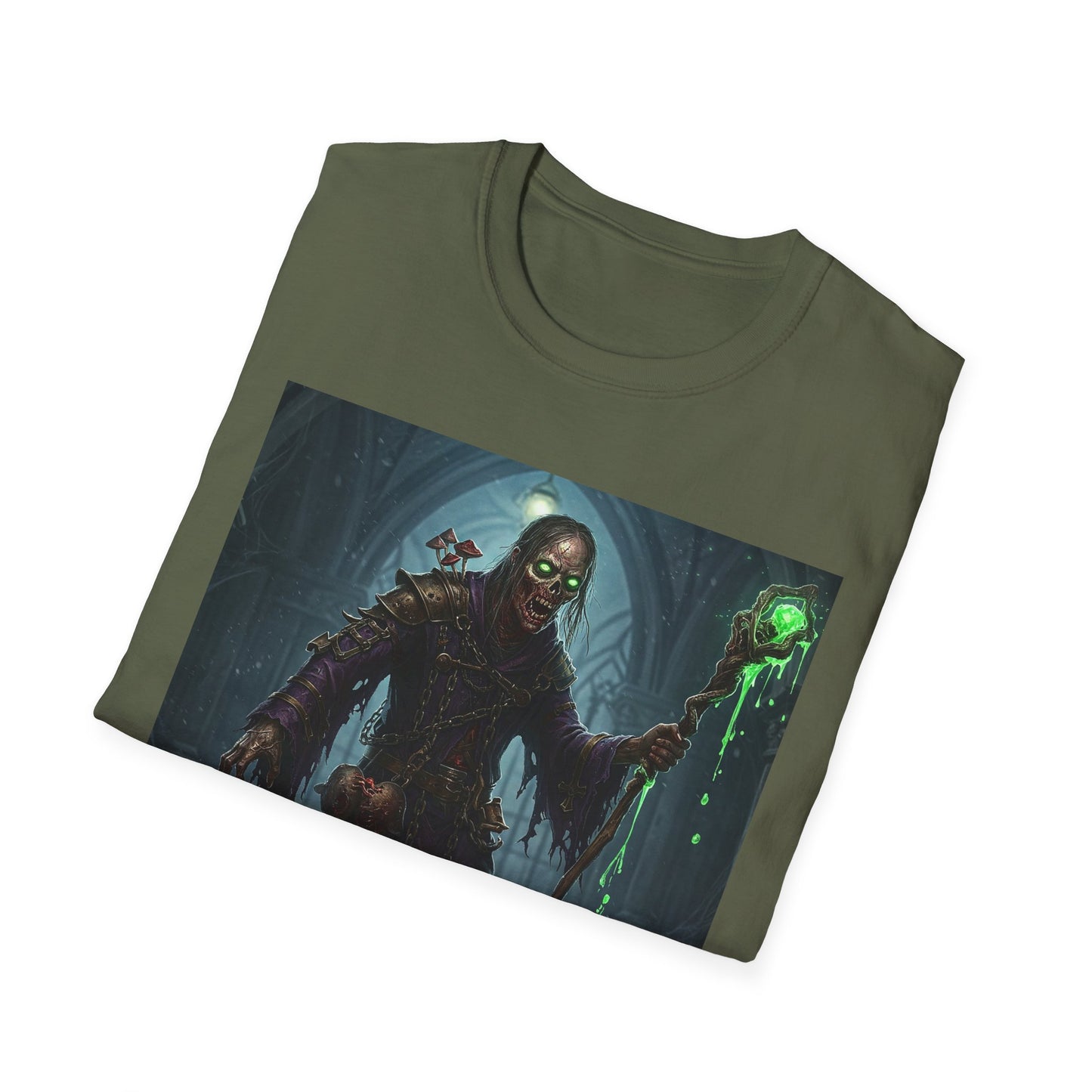 Spooky Sorcerer Apocalyptic Portrait Tee, bold, decaying zombie graphic