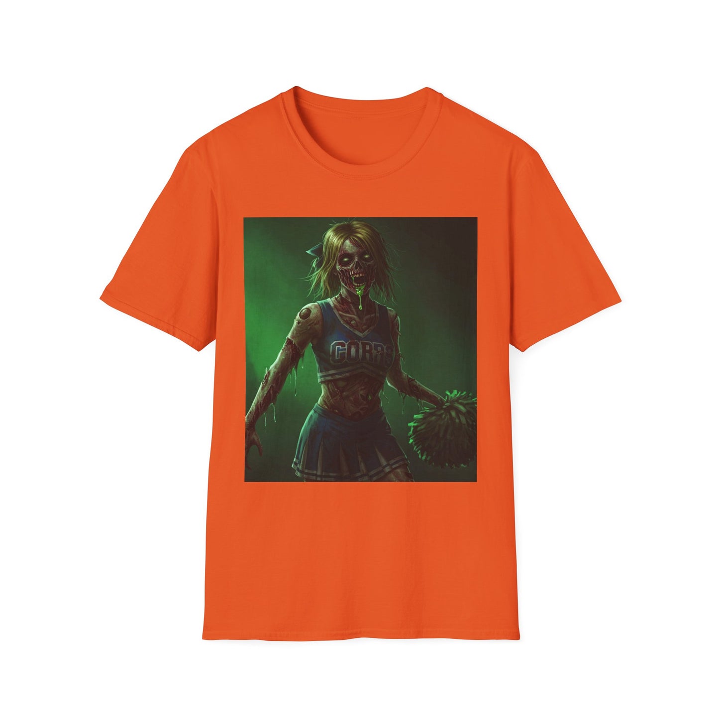 Zombie Cheerleader Apocalyptic Portrait Tee, bold, decaying zombie graphic