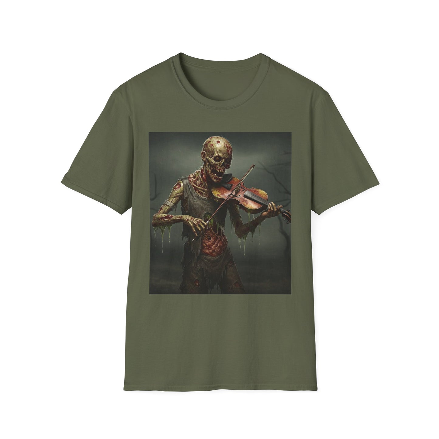 Spooky Zombie Violinist Apocalyptic Portrait Tee, bold, decaying zombie graphic