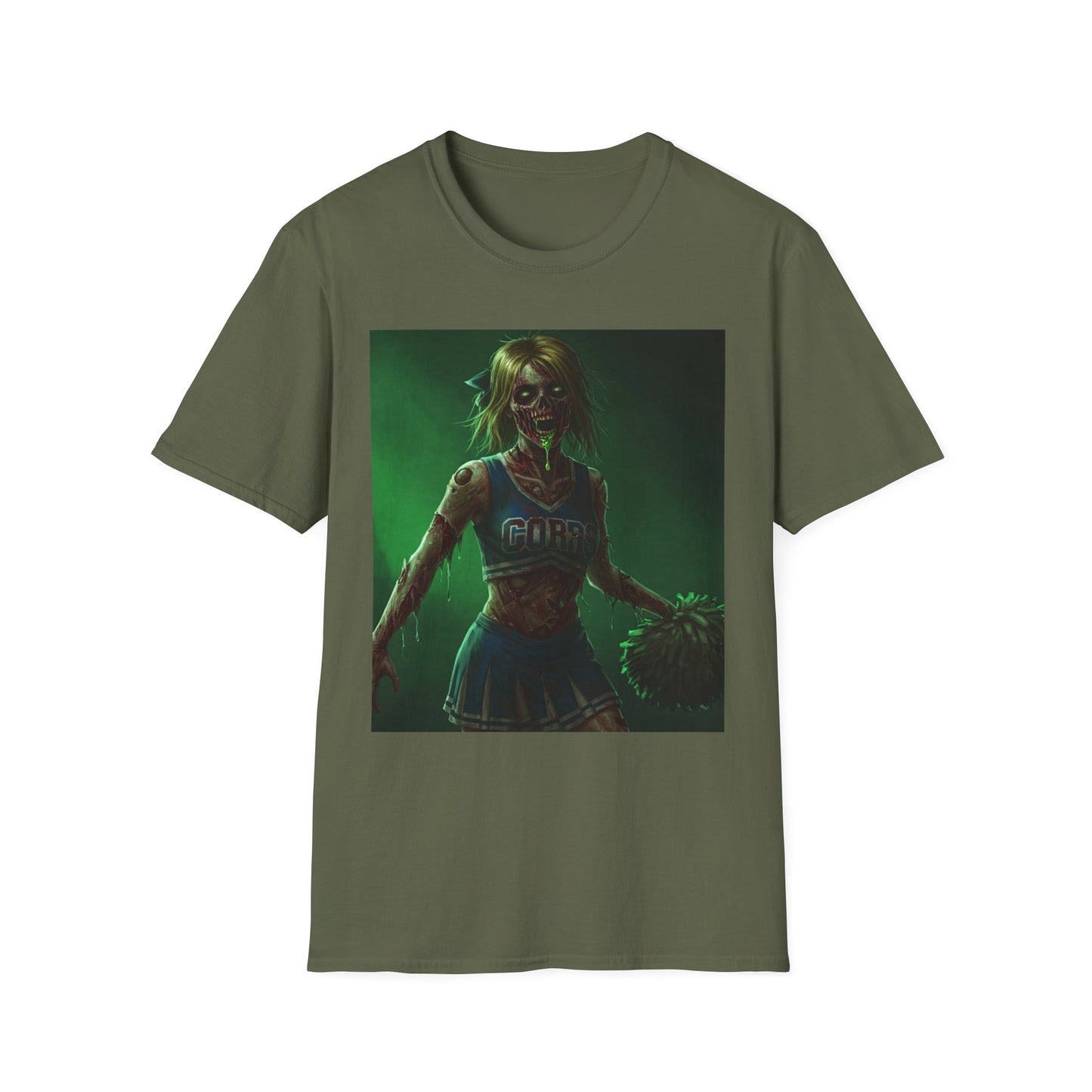 Zombie Cheerleader Apocalyptic Portrait Tee, bold, decaying zombie graphic