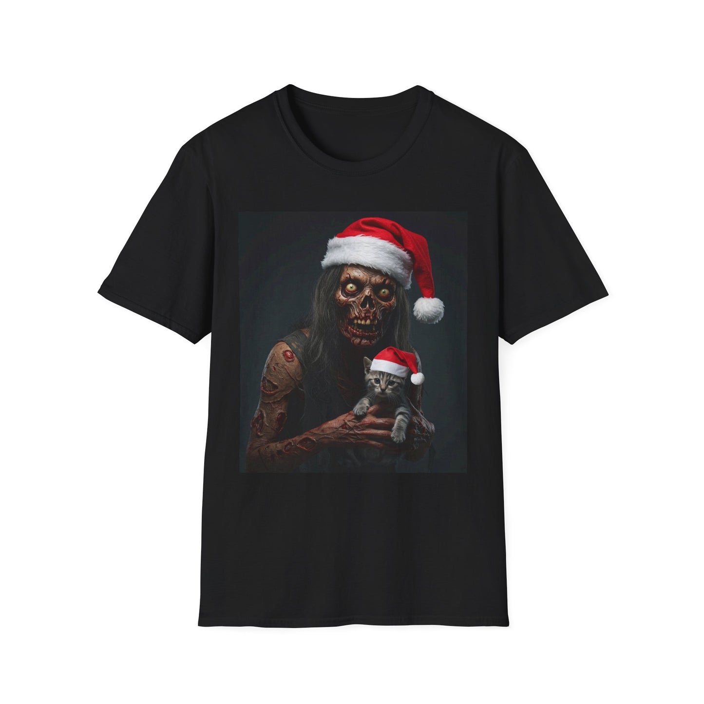 Festive Zombie and Cat Apocalyptic Portrait Tee, bold, decaying zombie graphic