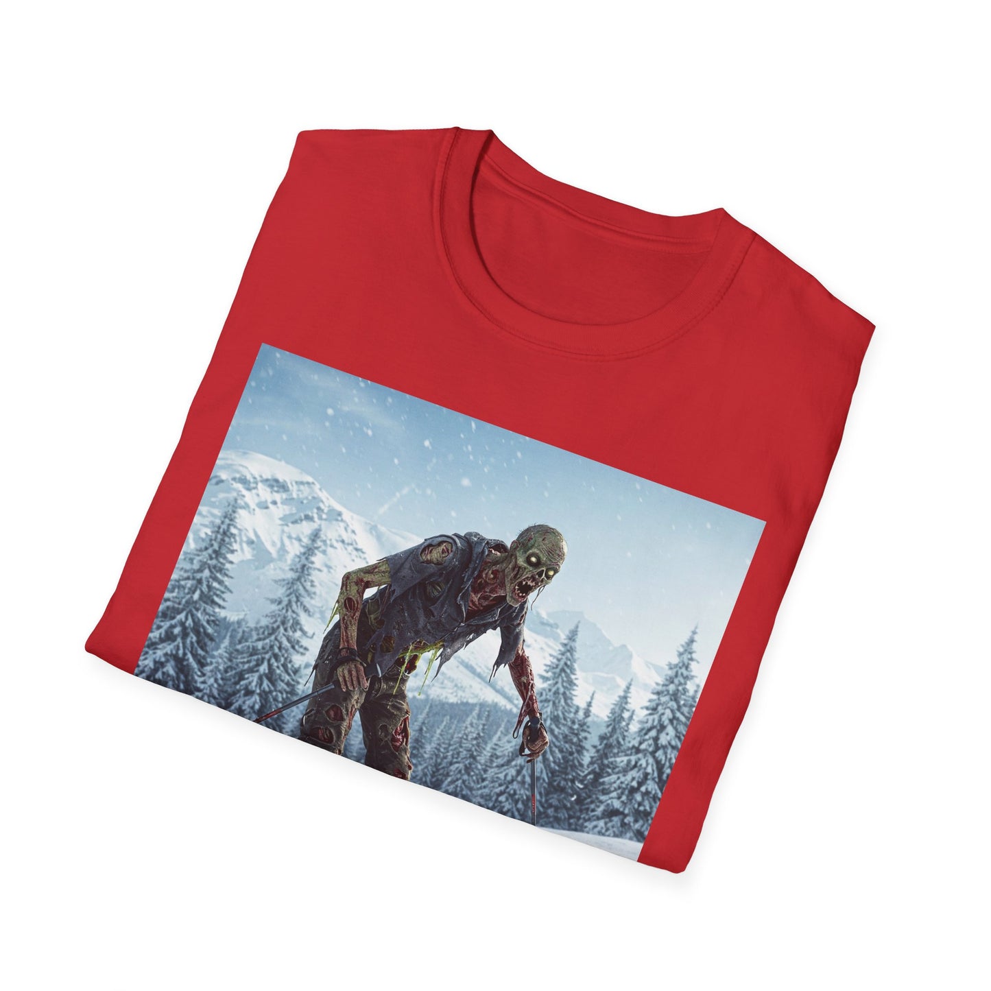 Skiing Zombie Unisex Softstyle T-Shirt - Perfect for Winter Fun & Halloween Enthusiasts