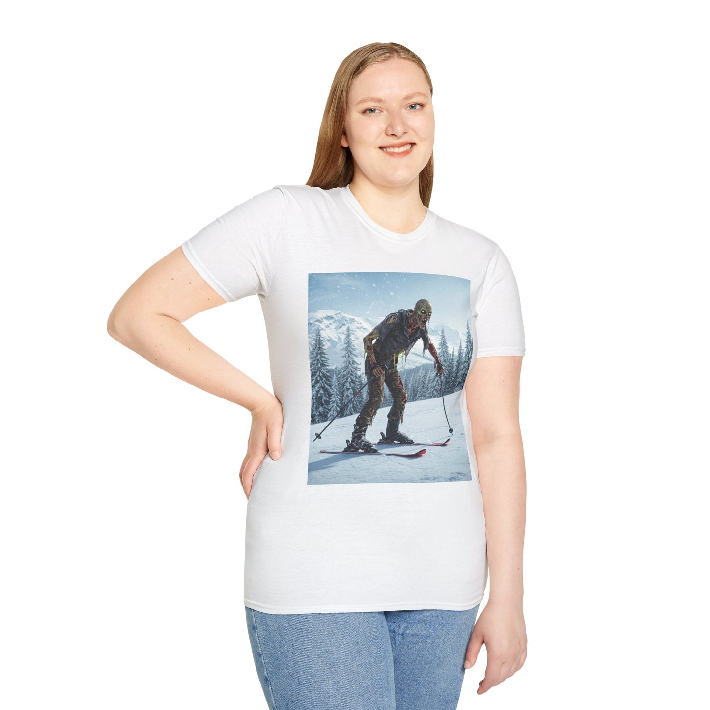 Skiing Zombie Unisex Softstyle T-Shirt - Perfect for Winter Fun & Halloween Enthusiasts