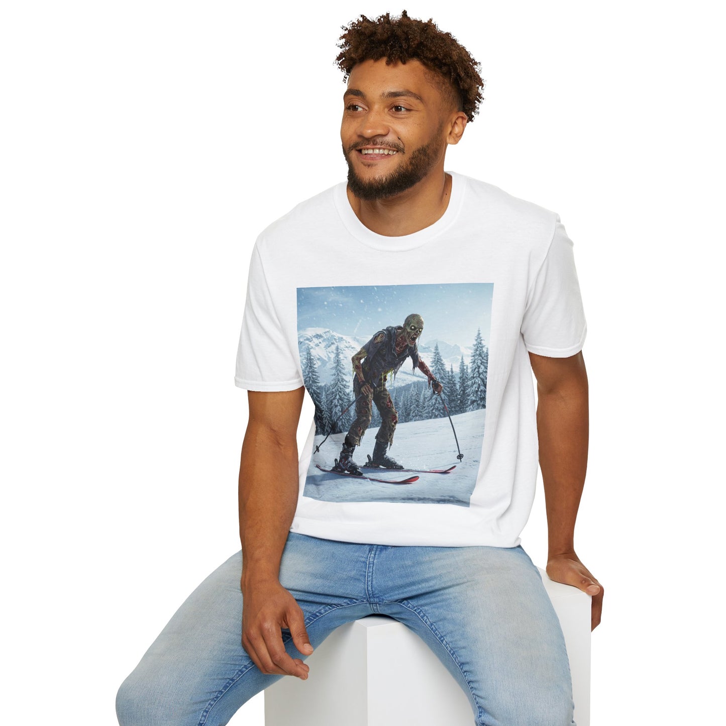 Skiing Zombie Unisex Softstyle T-Shirt - Perfect for Winter Fun & Halloween Enthusiasts