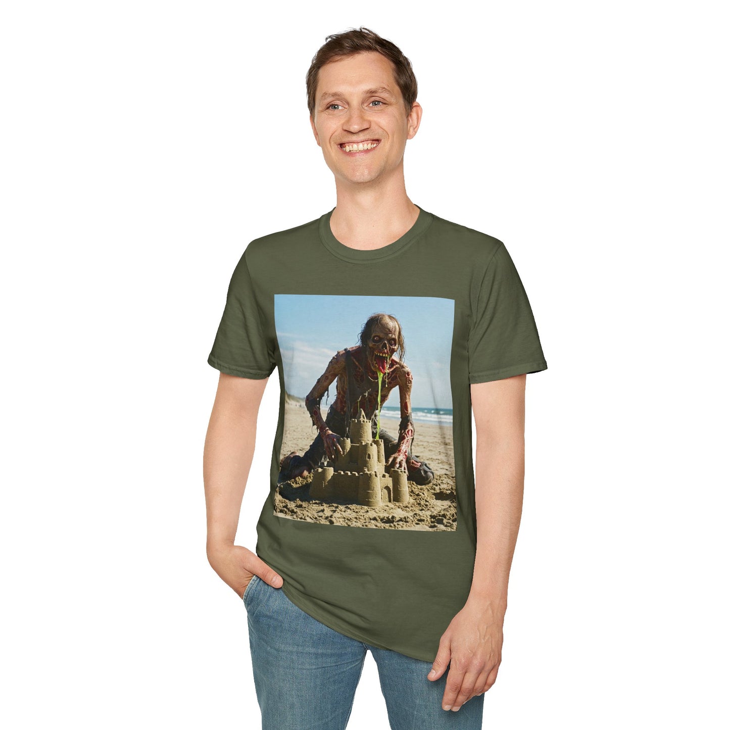 Zombie Sandcastle Unisex Softstyle T-Shirt | Fun Beach Horror Tee