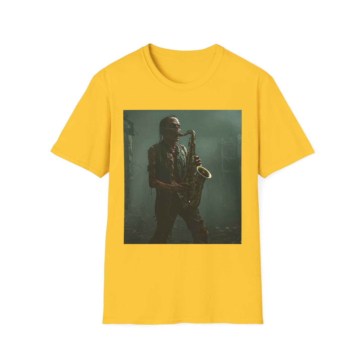 Zombie Jazz Musician Apocalyptic Portrait Tee, bold, decaying zombie graphic