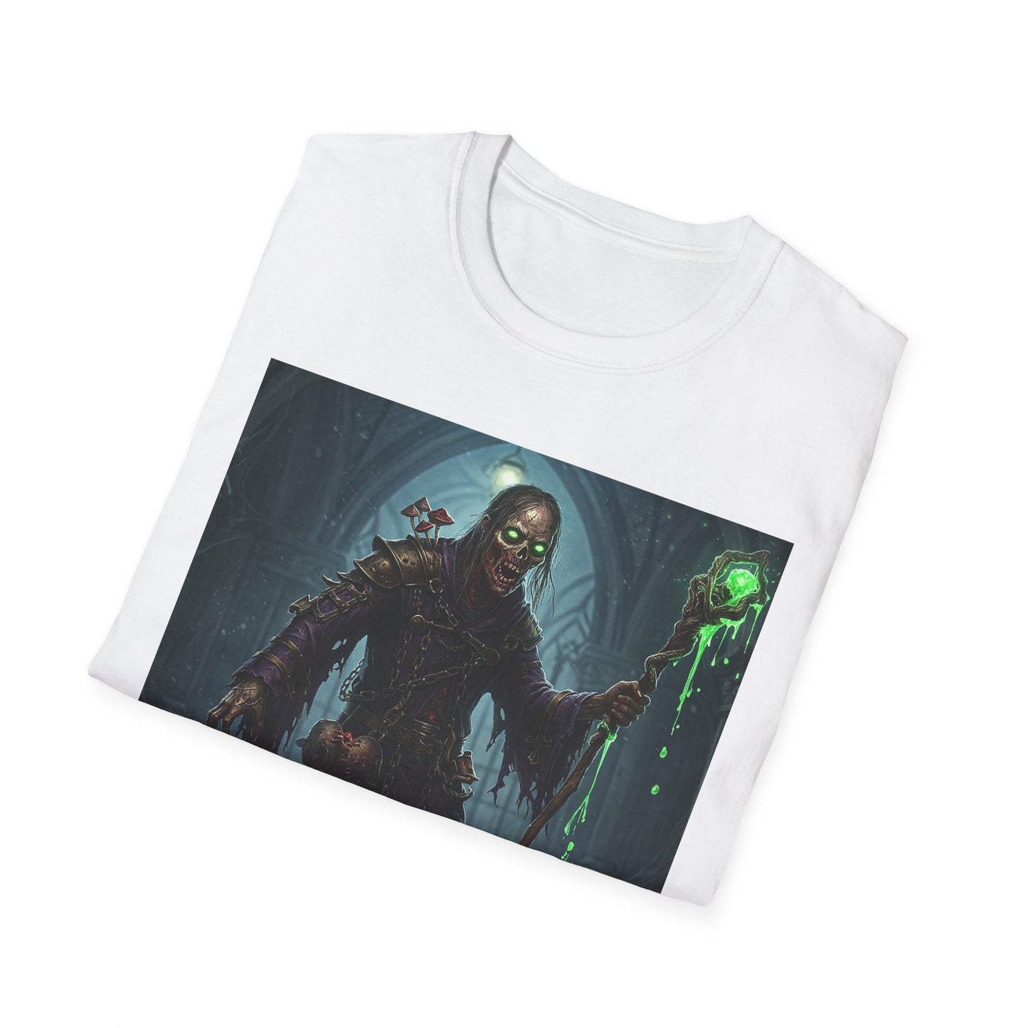 Spooky Sorcerer Apocalyptic Portrait Tee, bold, decaying zombie graphic