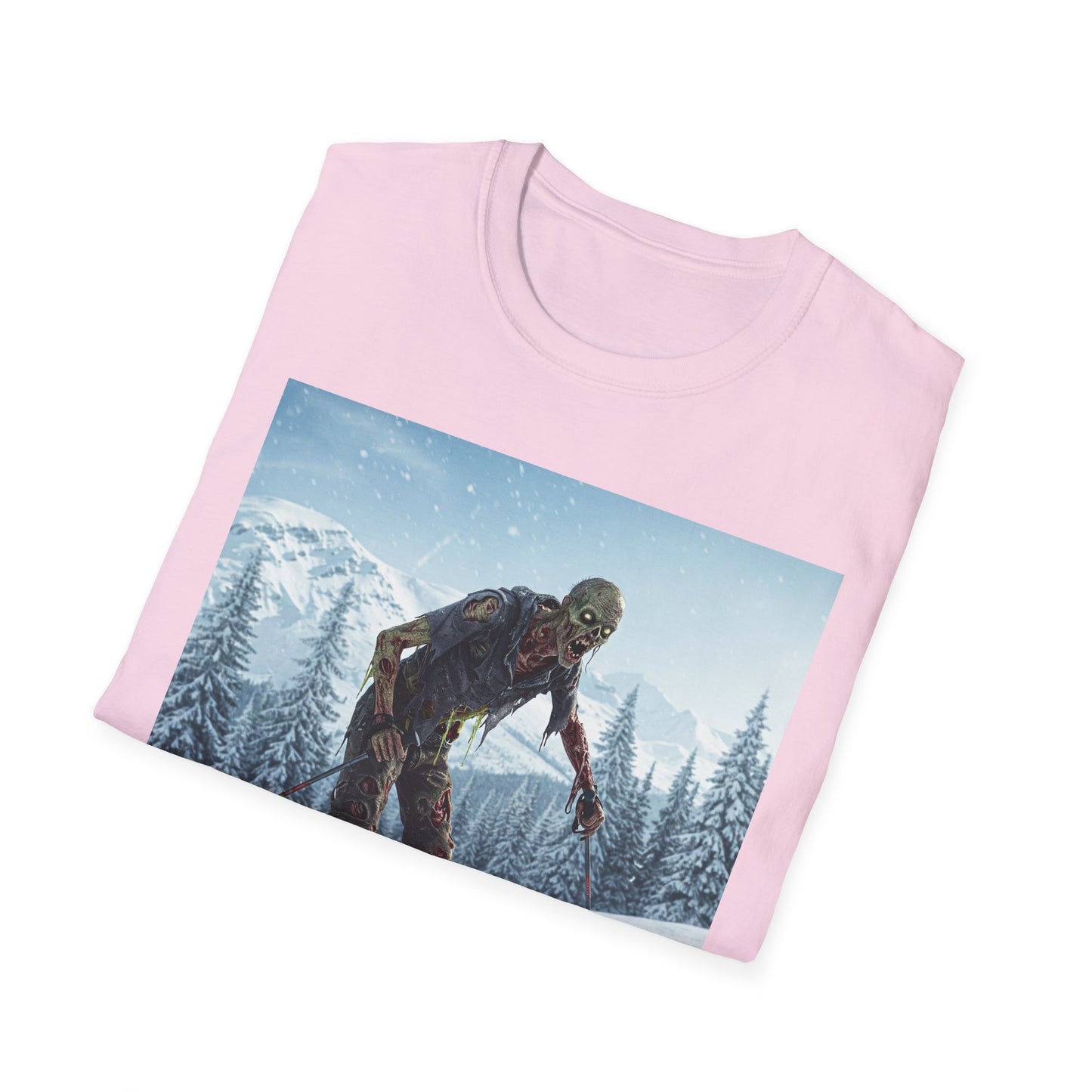 Skiing Zombie Unisex Softstyle T-Shirt - Perfect for Winter Fun & Halloween Enthusiasts