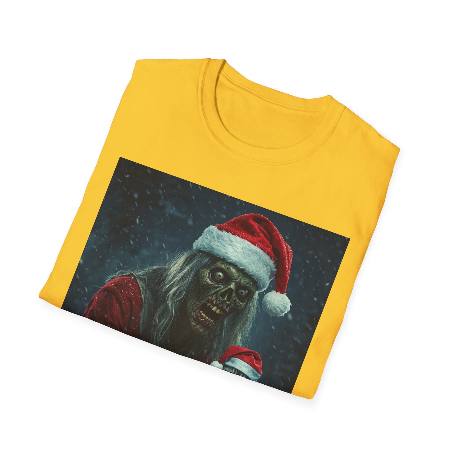 Festive Zombie Santa Apocalyptic Portrait Tee, bold, decaying zombie graphic