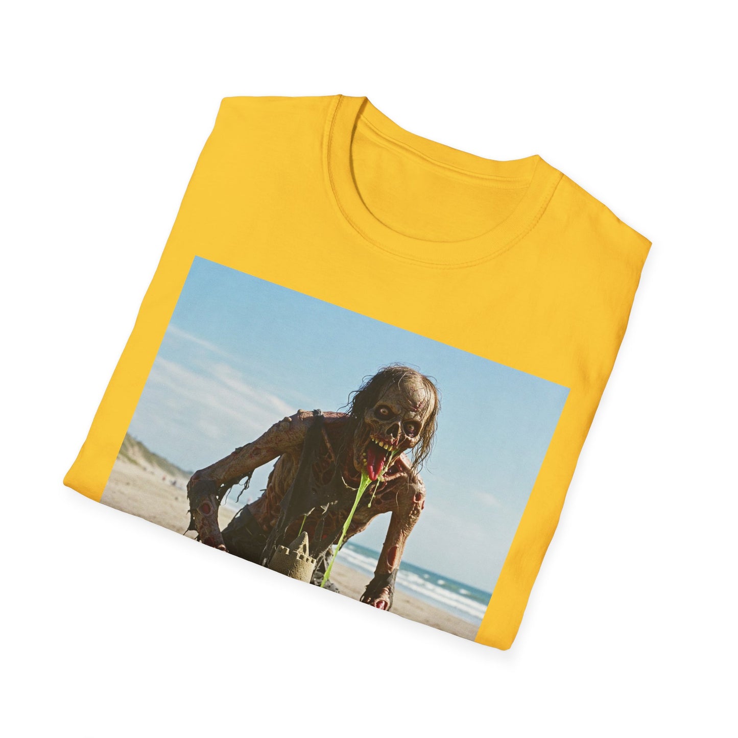 Zombie Sandcastle Unisex Softstyle T-Shirt | Fun Beach Horror Tee