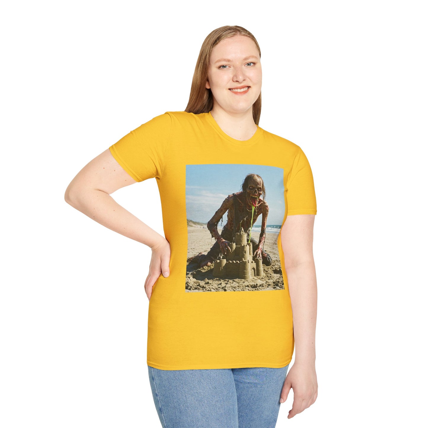 Zombie Sandcastle Unisex Softstyle T-Shirt | Fun Beach Horror Tee