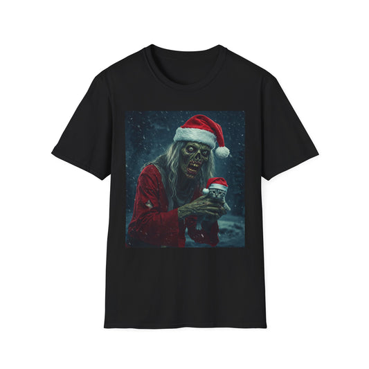 Festive Zombie Santa Apocalyptic Portrait Tee, bold, decaying zombie graphic