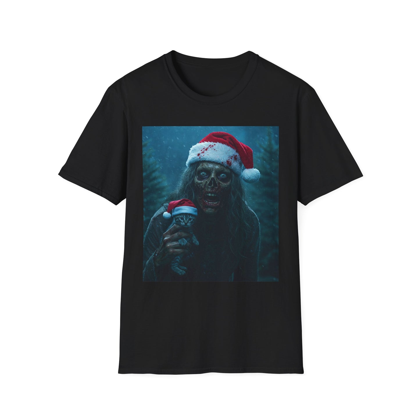 Spooky Christmas Apocalyptic Portrait Tee, bold, decaying zombie graphic cat