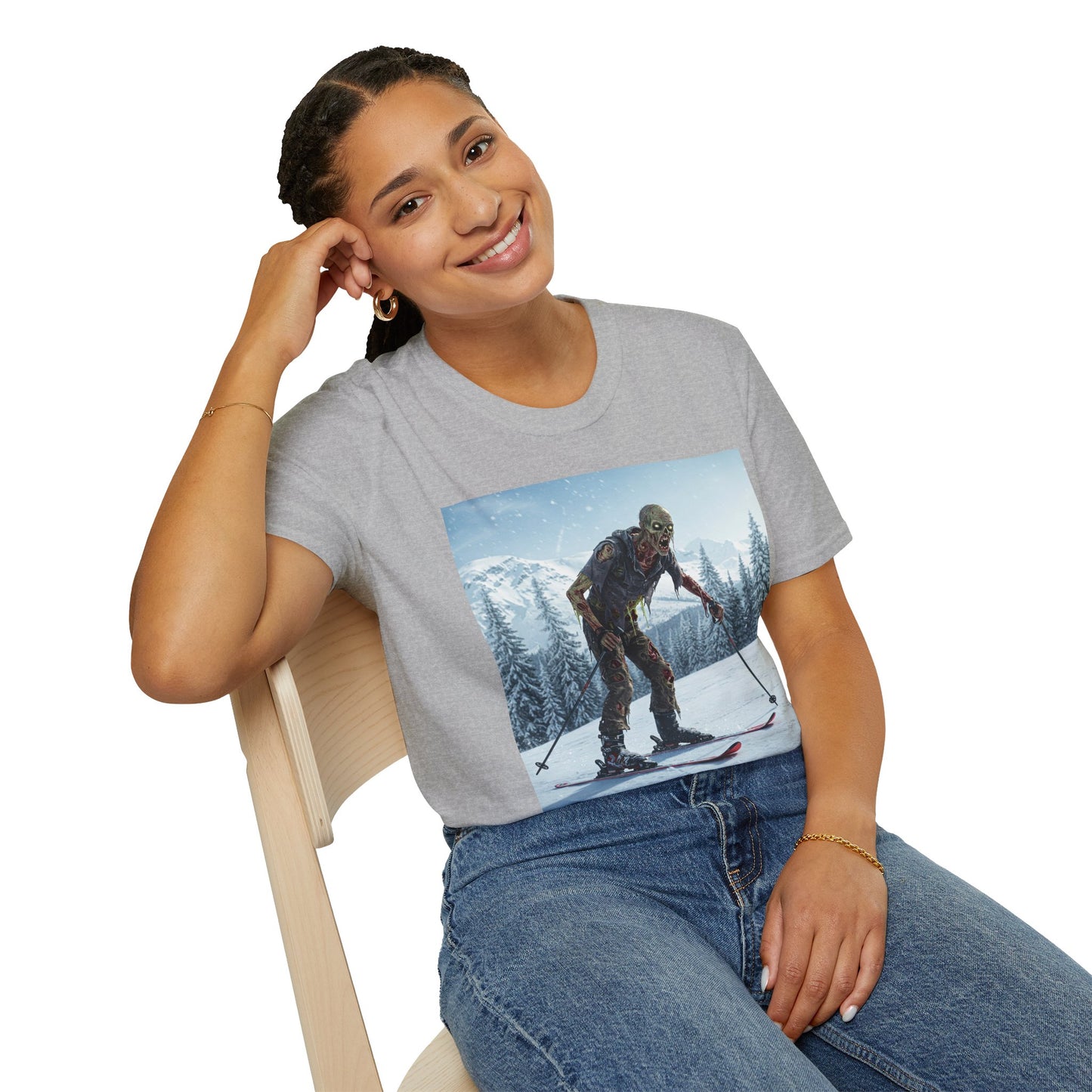 Skiing Zombie Unisex Softstyle T-Shirt - Perfect for Winter Fun & Halloween Enthusiasts