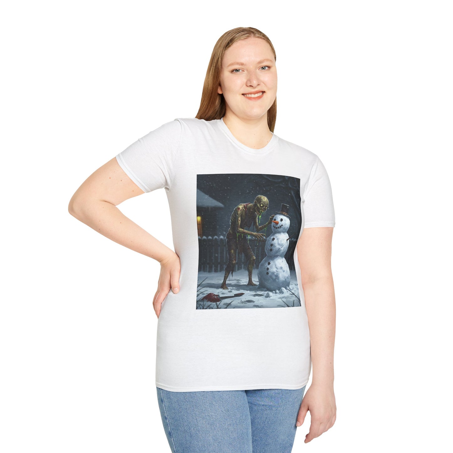 Merry Horror Unisex Softstyle T-Shirt - Creepy Snowman Design