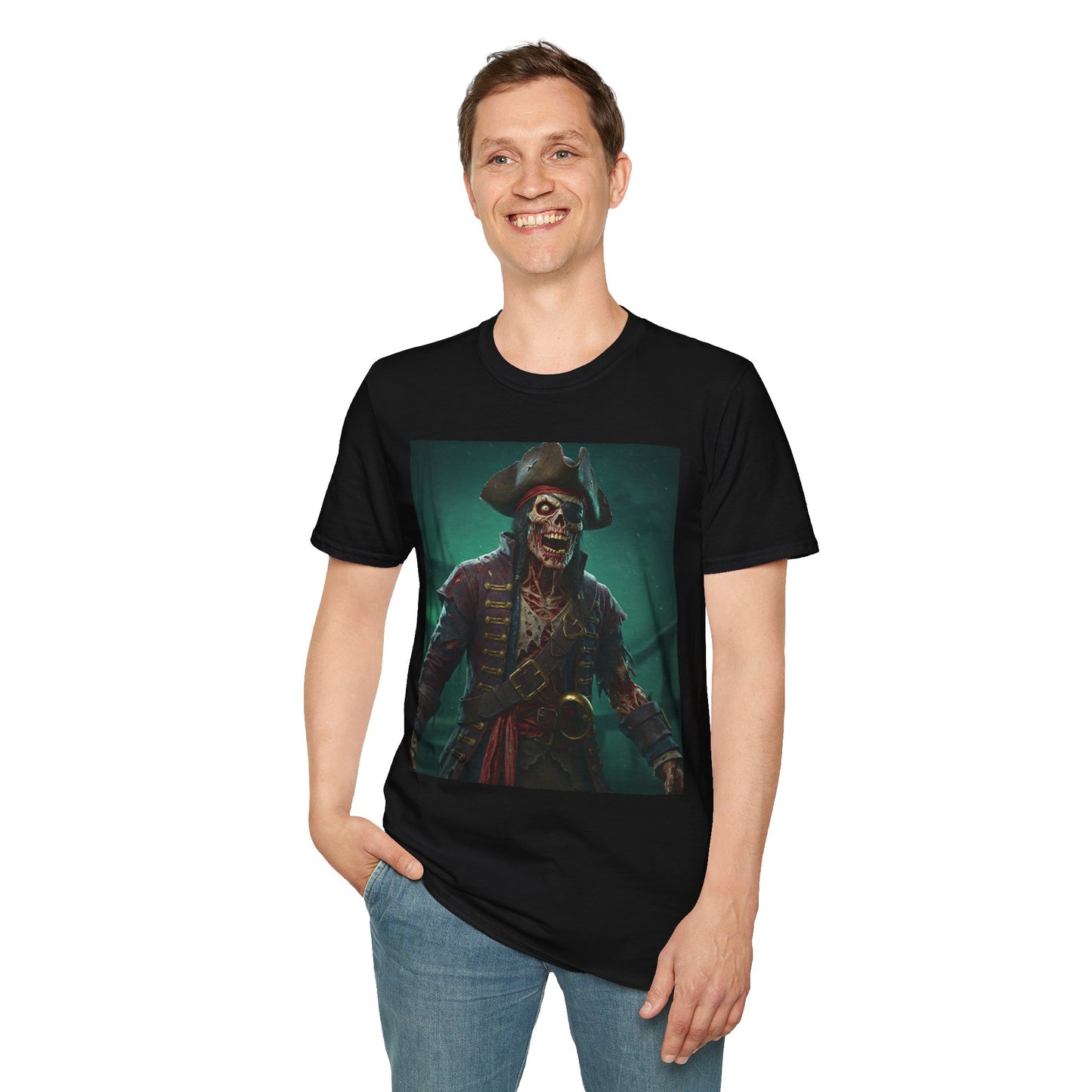 Pirate Skeleton Graphic Unisex Softstyle T-Shirt - Perfect for Halloween and Themed Parties