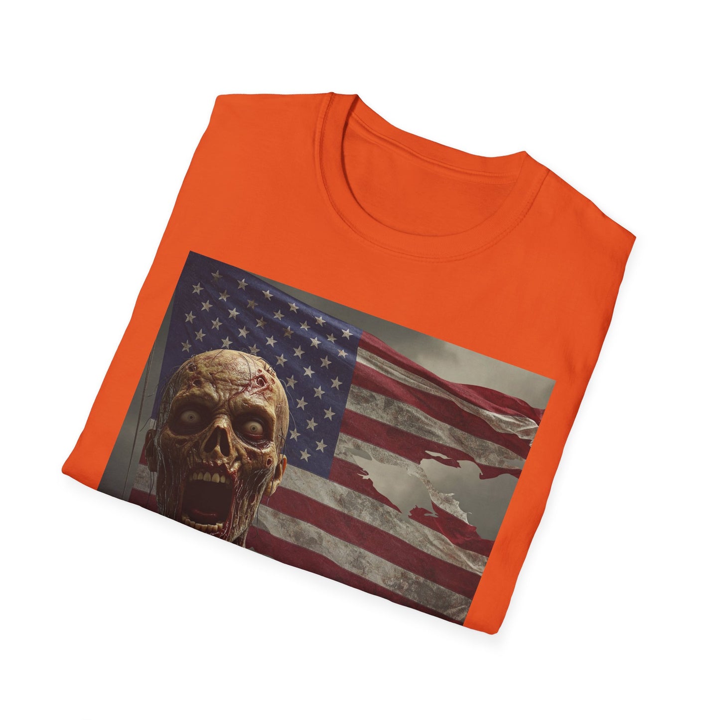 Zombie American Flag Apocalyptic Portrait Tee, bold, decaying zombie graphic