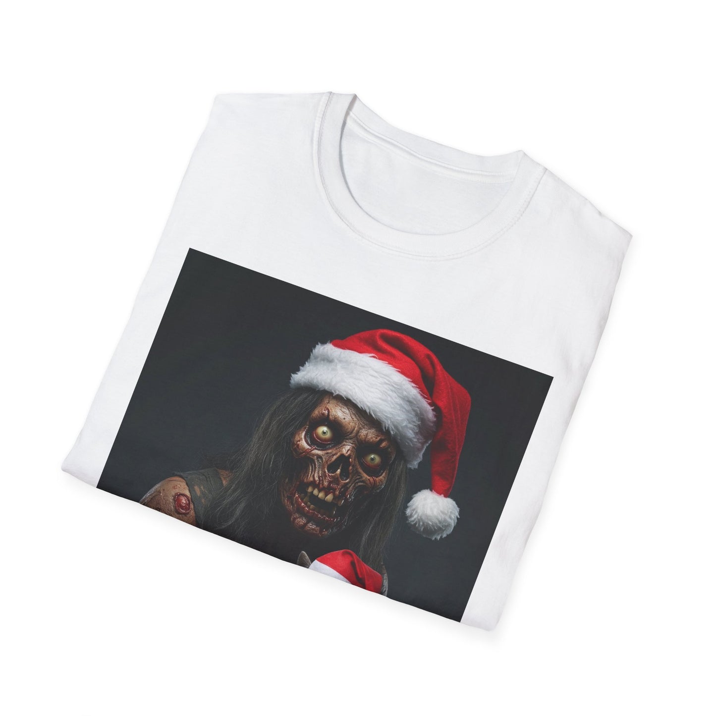 Festive Zombie and Cat Apocalyptic Portrait Tee, bold, decaying zombie graphic