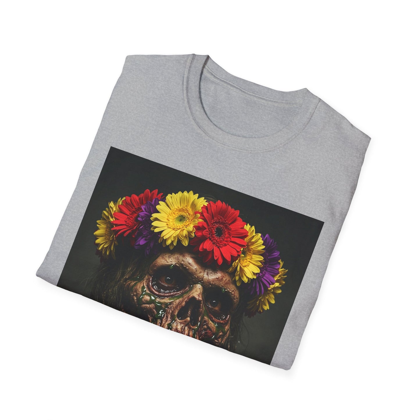 Day of the Dead Floral Skull Apocalyptic Portrait Tee, bold, decaying zombie graphic