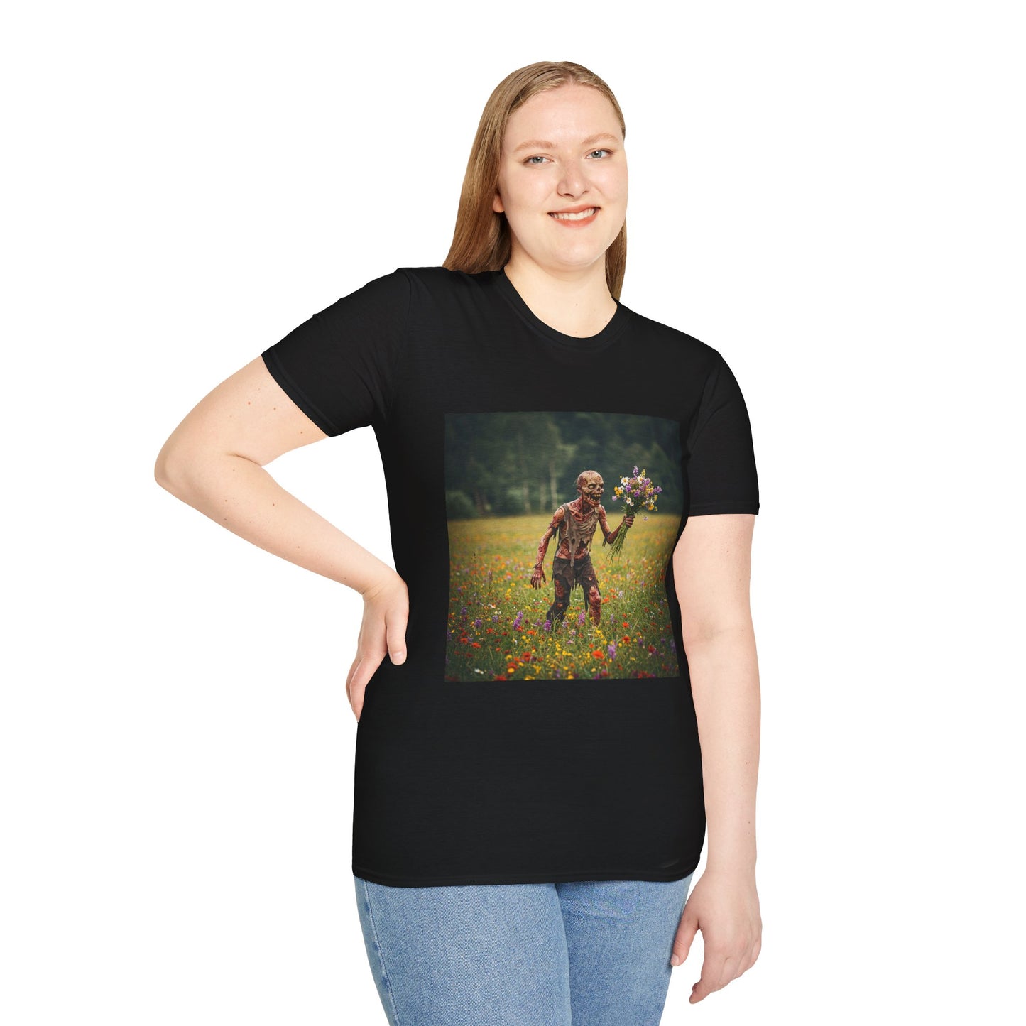 Zombie in Bloom Unisex Softstyle T-Shirt – Perfect for Halloween and Unique Gift Ideas