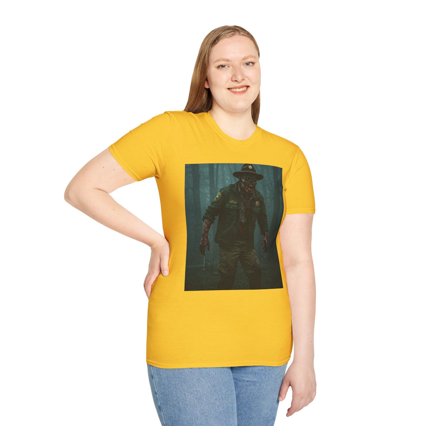 Creepy Forest Ranger Unisex Softstyle T-Shirt - Perfect for Halloween & Horror Fans