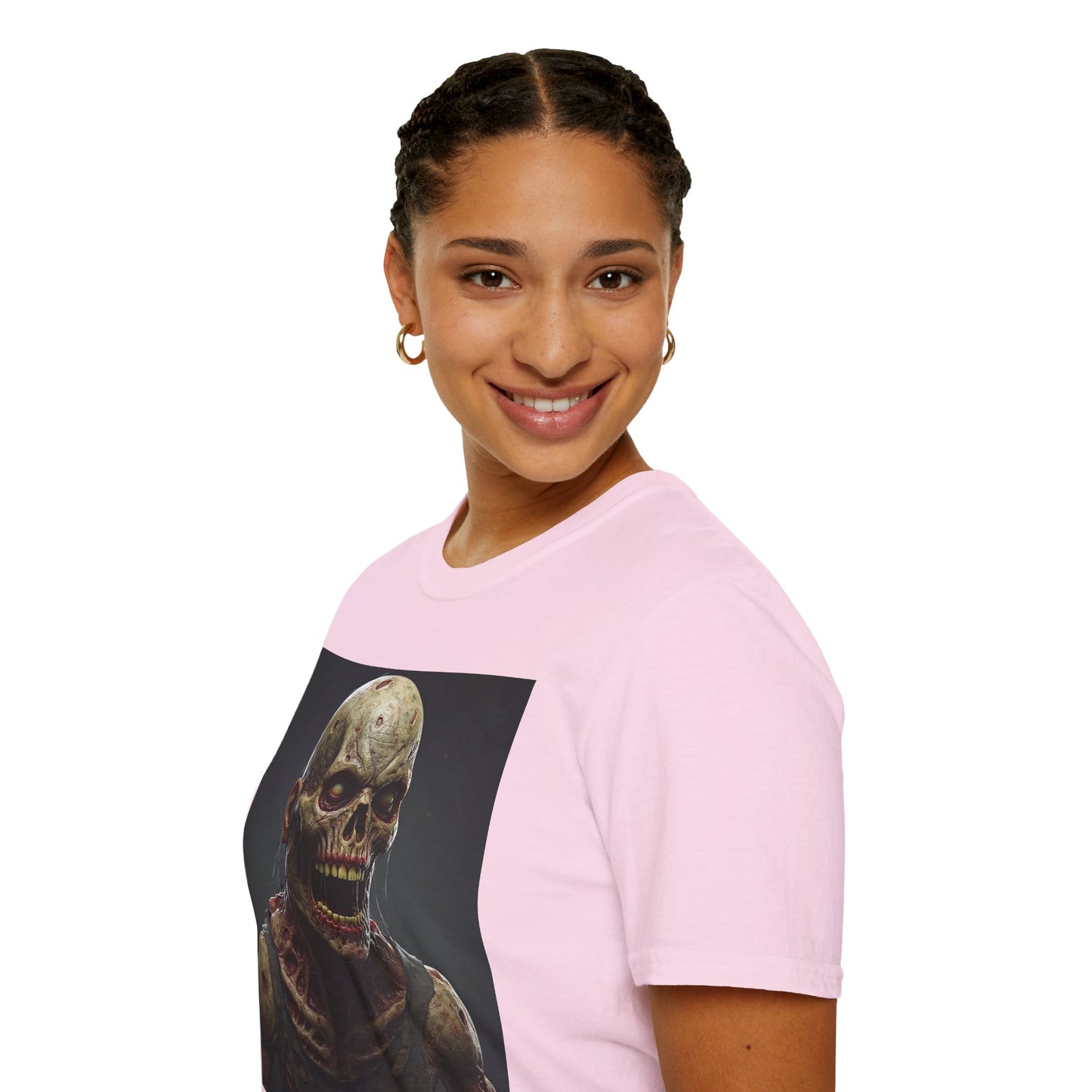 Unisex Softstyle T-Shirt with Creepy Zombie Graphic - Perfect for Halloween and Horror Fans