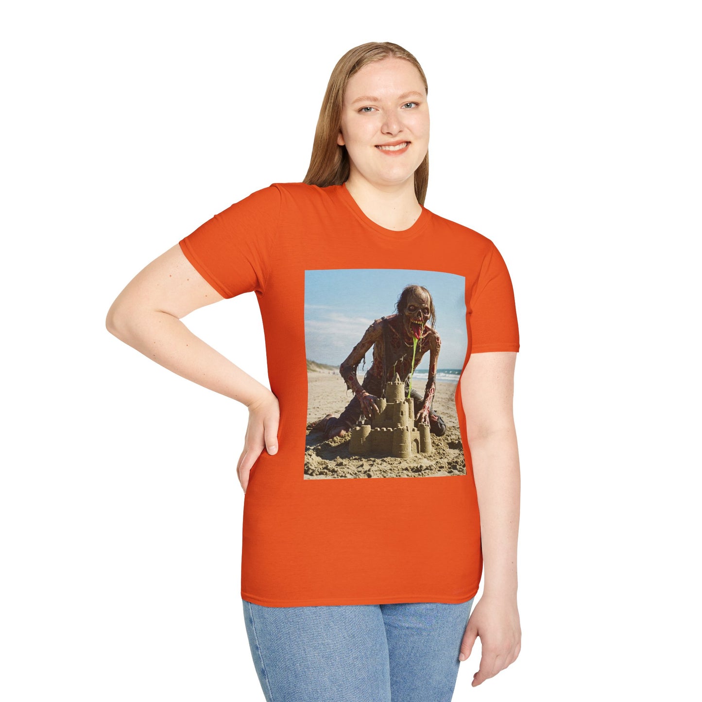 Zombie Sandcastle Unisex Softstyle T-Shirt | Fun Beach Horror Tee