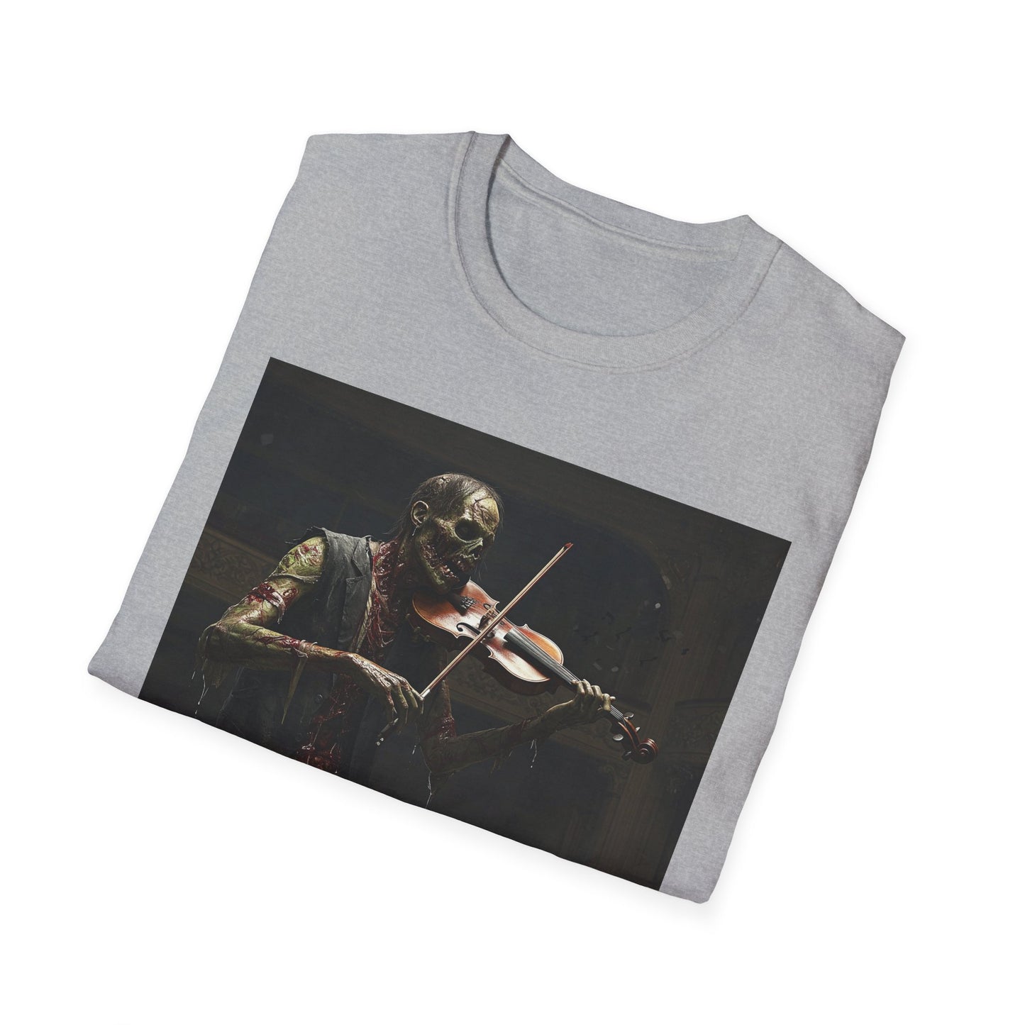 Vintage Zombie Violinist Apocalyptic Portrait Tee, bold, decaying zombie graphic