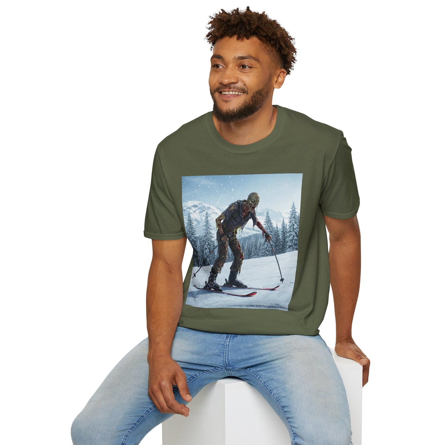 Skiing Zombie Unisex Softstyle T-Shirt - Perfect for Winter Fun & Halloween Enthusiasts