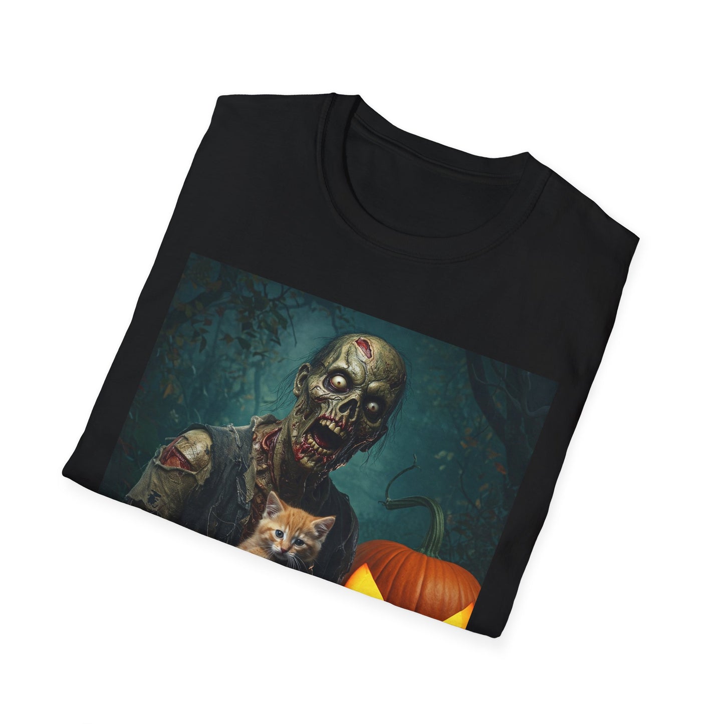 Spooky Cat and Zombie Unisex Softstyle T-Shirt for Halloween