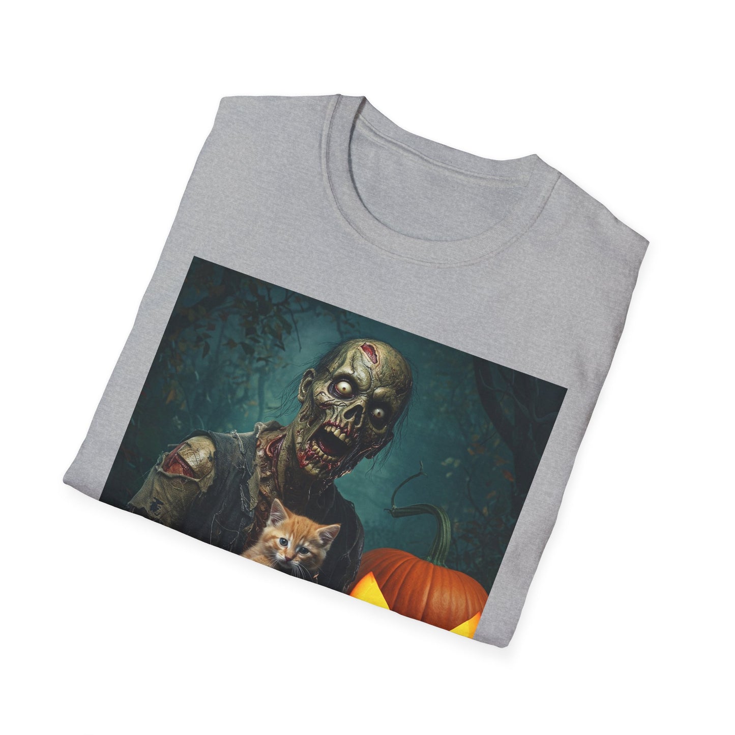 Spooky Cat and Zombie Unisex Softstyle T-Shirt for Halloween