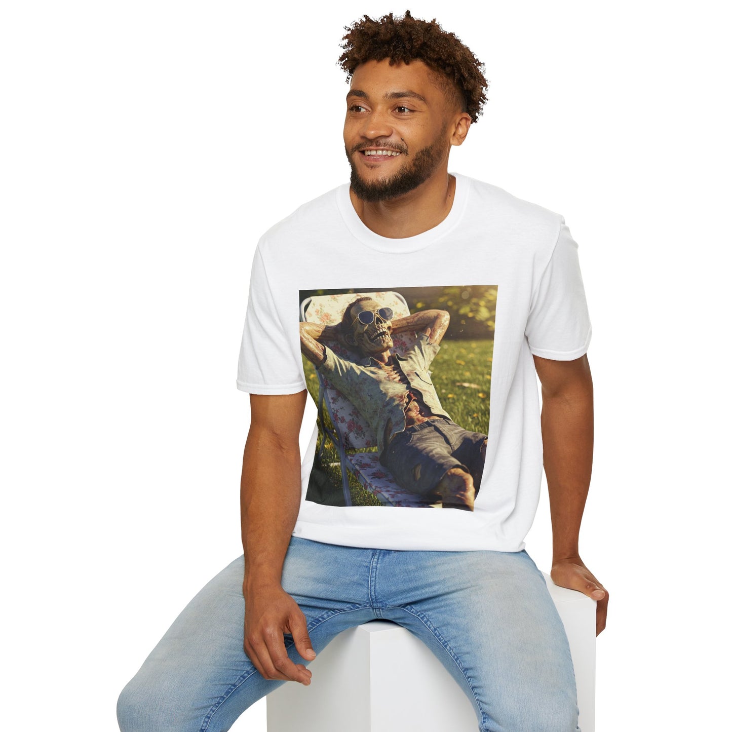 Relaxing Skeleton Unisex Softstyle T-Shirt - Perfect for Halloween and Everyday Wear