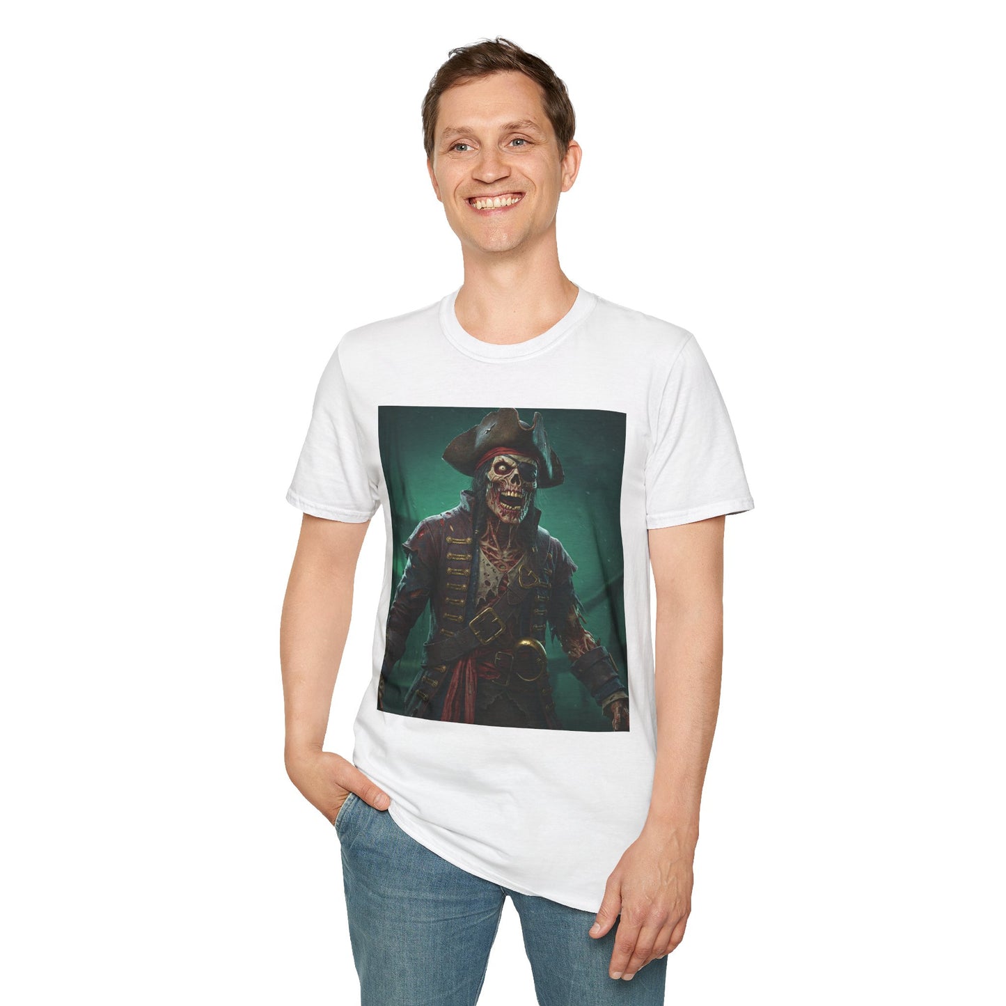 Pirate Skeleton Graphic Unisex Softstyle T-Shirt - Perfect for Halloween and Themed Parties