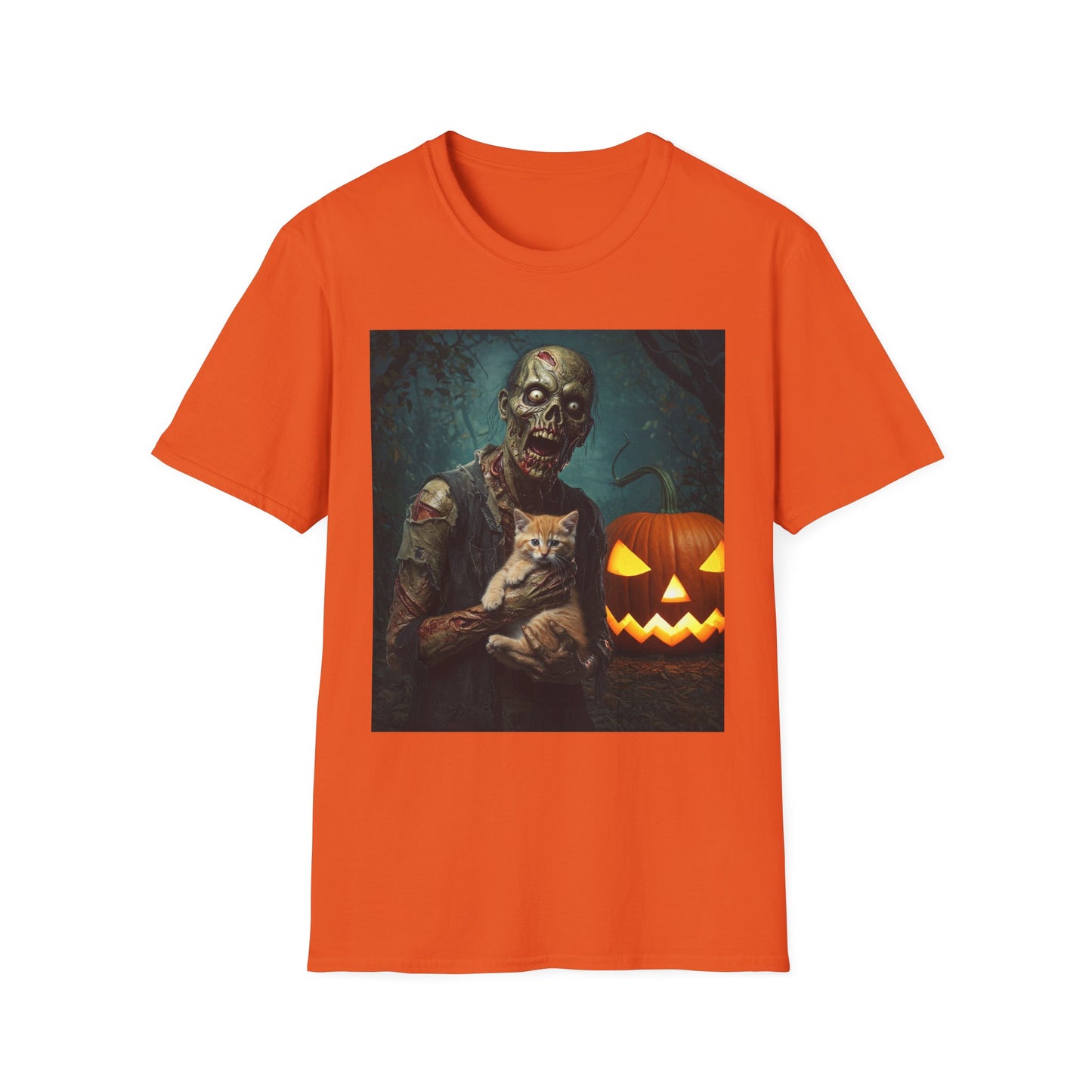 Spooky Cat and Zombie Unisex Softstyle T-Shirt for Halloween