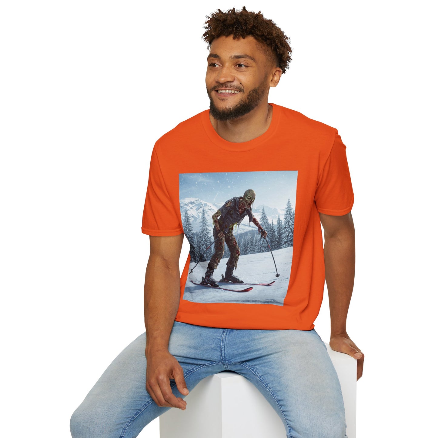 Skiing Zombie Unisex Softstyle T-Shirt - Perfect for Winter Fun & Halloween Enthusiasts