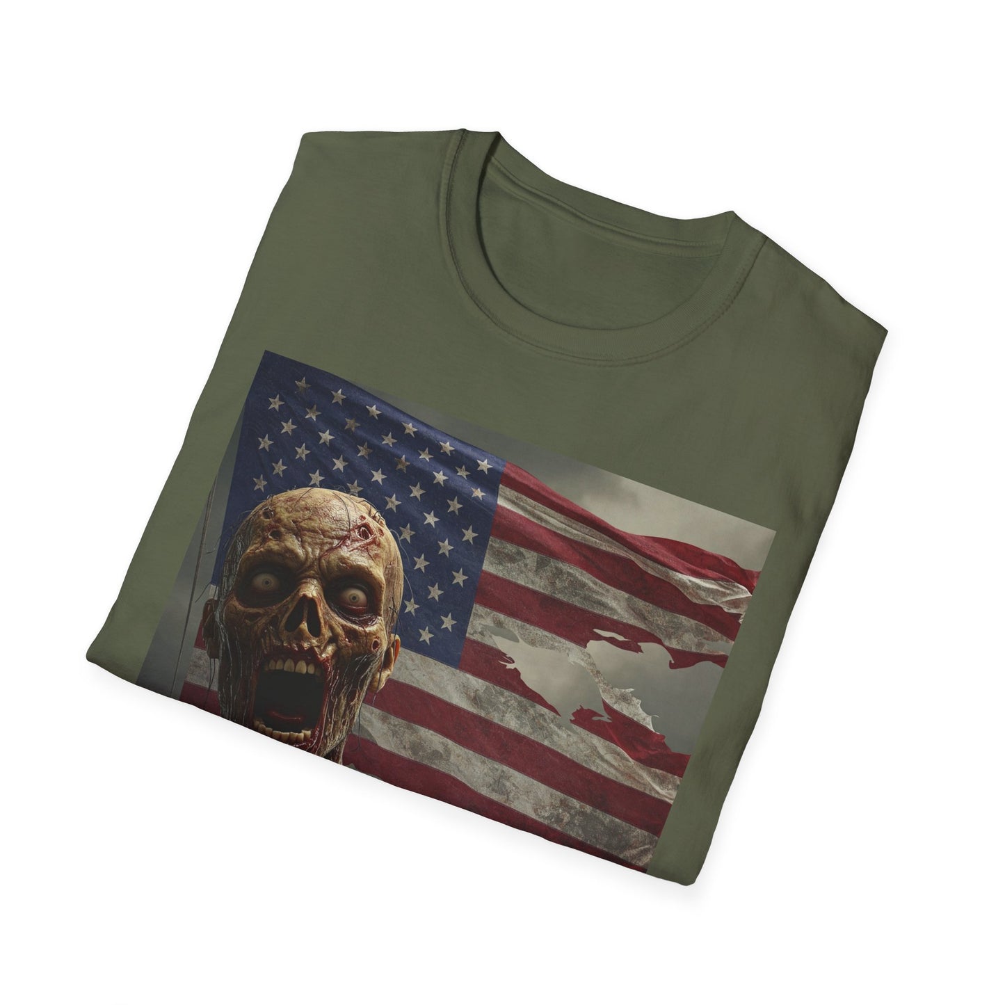 Zombie American Flag Apocalyptic Portrait Tee, bold, decaying zombie graphic