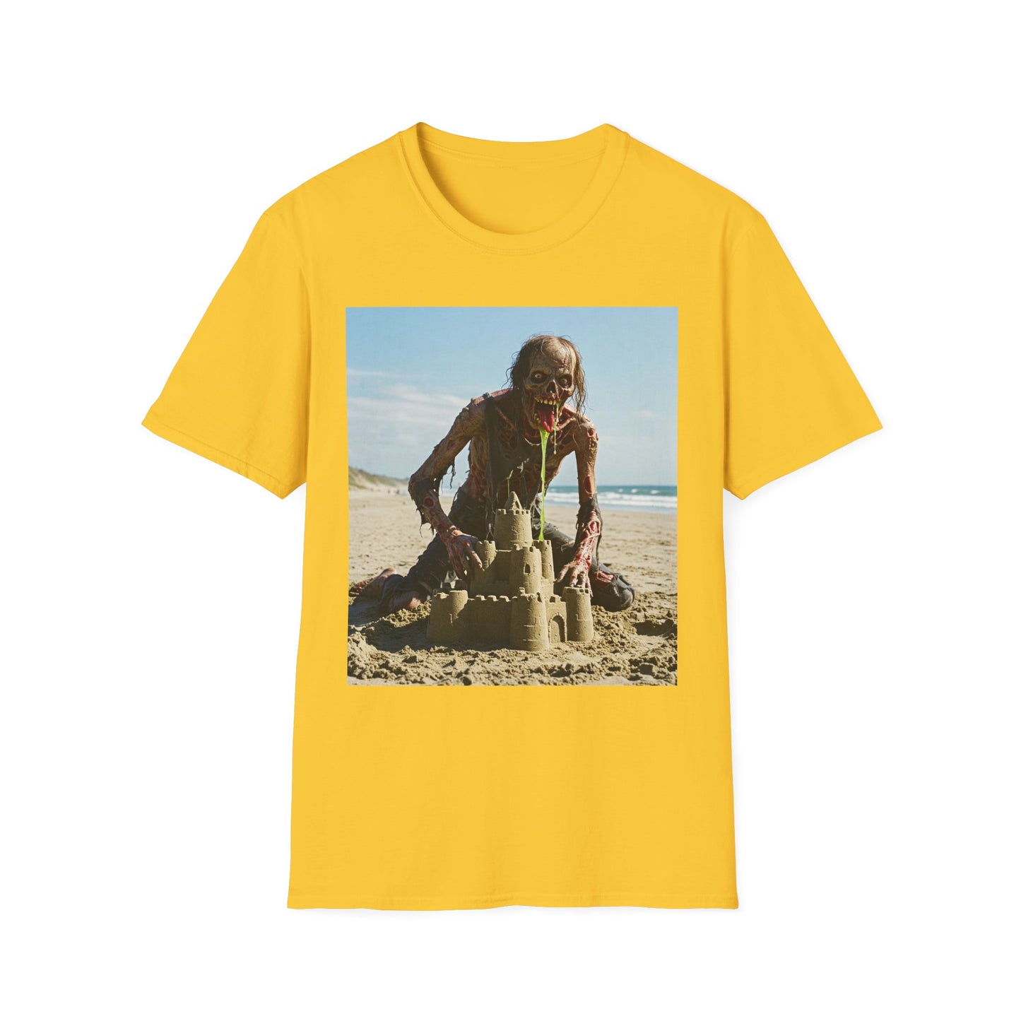 Zombie Sandcastle Unisex Softstyle T-Shirt | Fun Beach Horror Tee