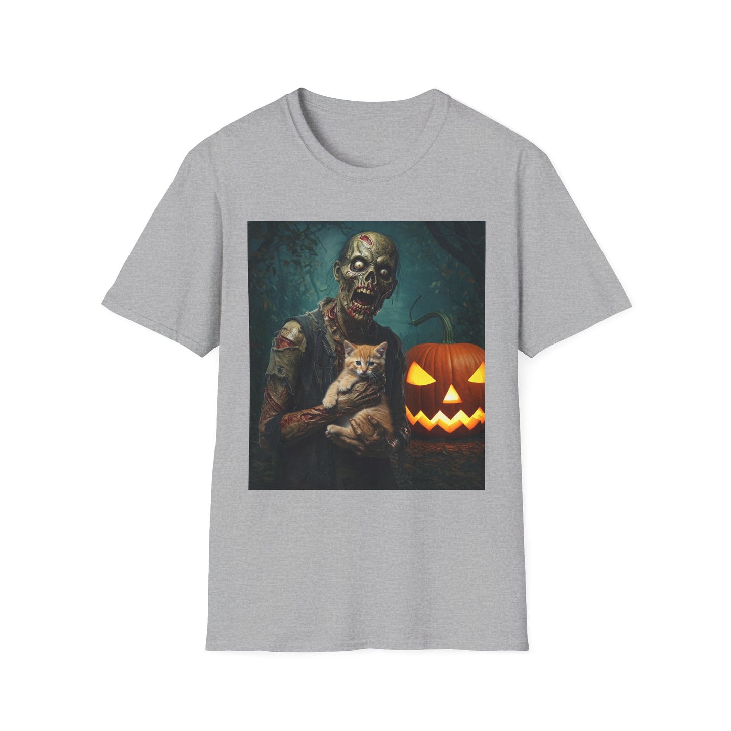 Spooky Cat and Zombie Unisex Softstyle T-Shirt for Halloween