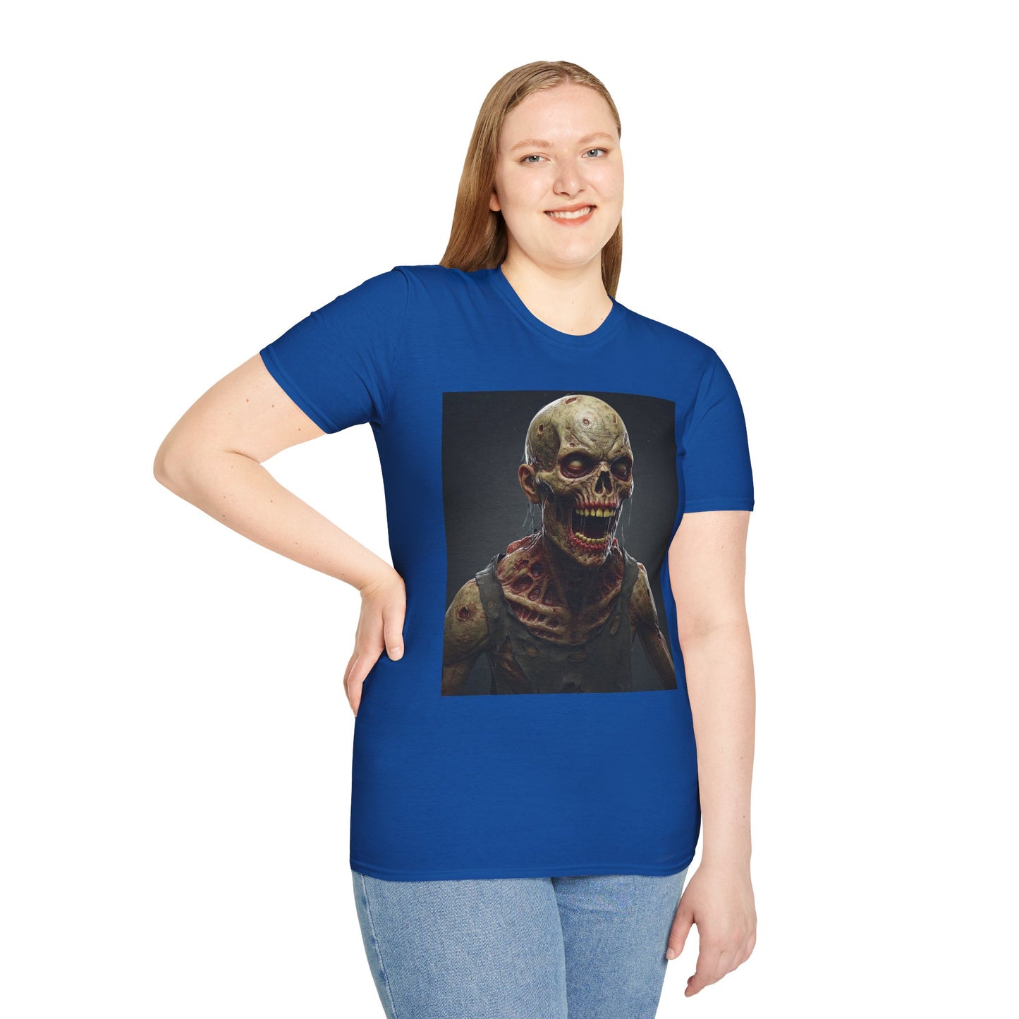 Unisex Softstyle T-Shirt with Creepy Zombie Graphic - Perfect for Halloween and Horror Fans