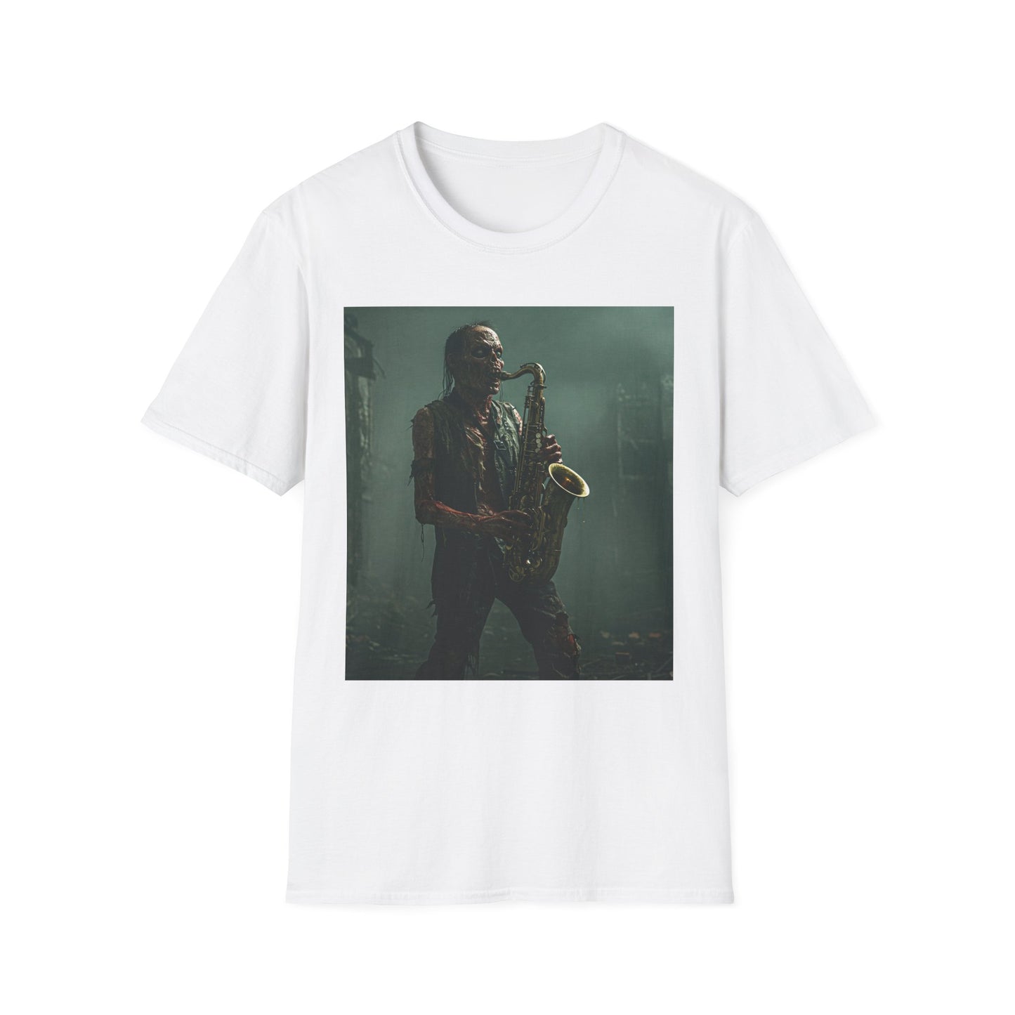 Zombie Jazz Musician Apocalyptic Portrait Tee, bold, decaying zombie graphic